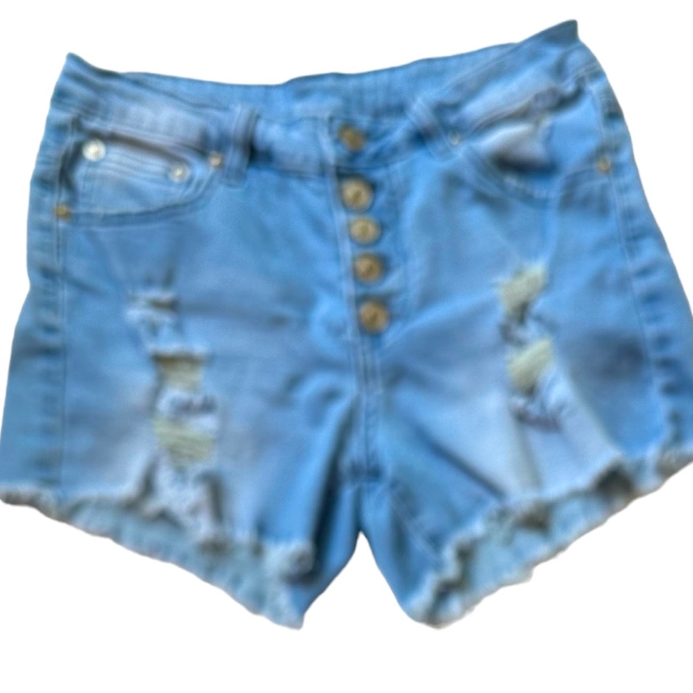 Mid rise light wash button fly frayed hem Jean shorts women’s S